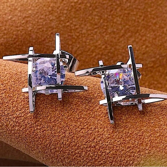 Caged Diamond Silver Zircon 3D Stud Earrings - Picture 1 of 3